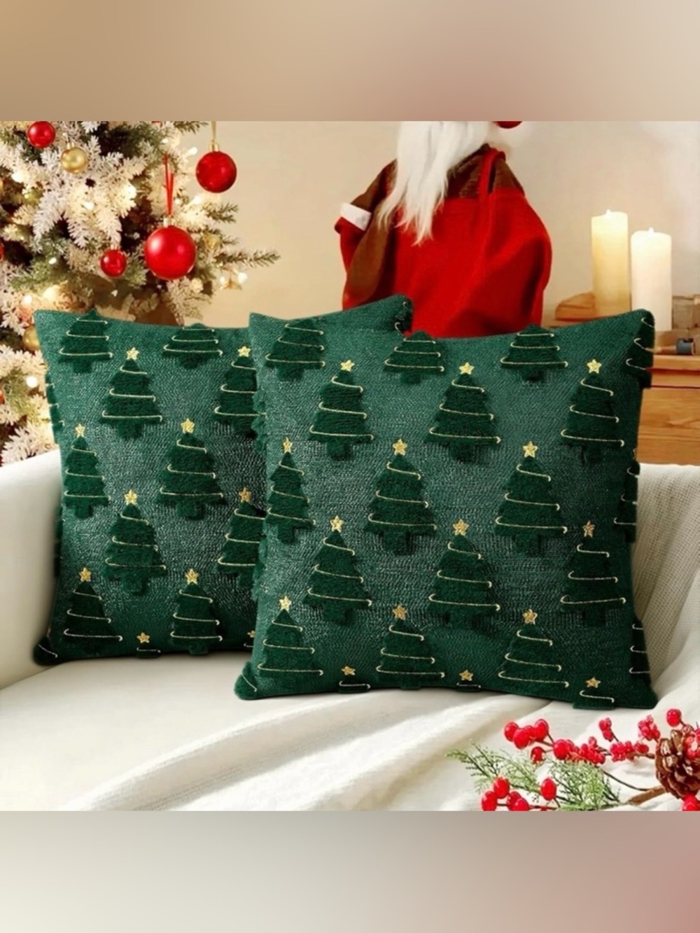 NEW Set of 2 Dark Green & Gold Christmas Tree Pillow Covers w/ Zipper - 18”x18”